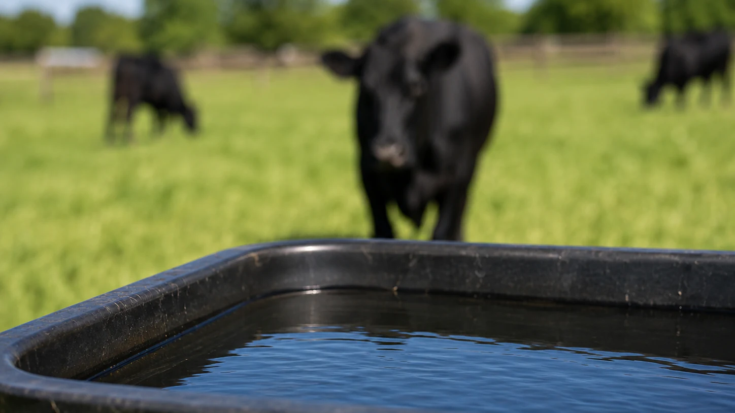 Black Angus cattle grazing behind a full water trough at Masami Ranch