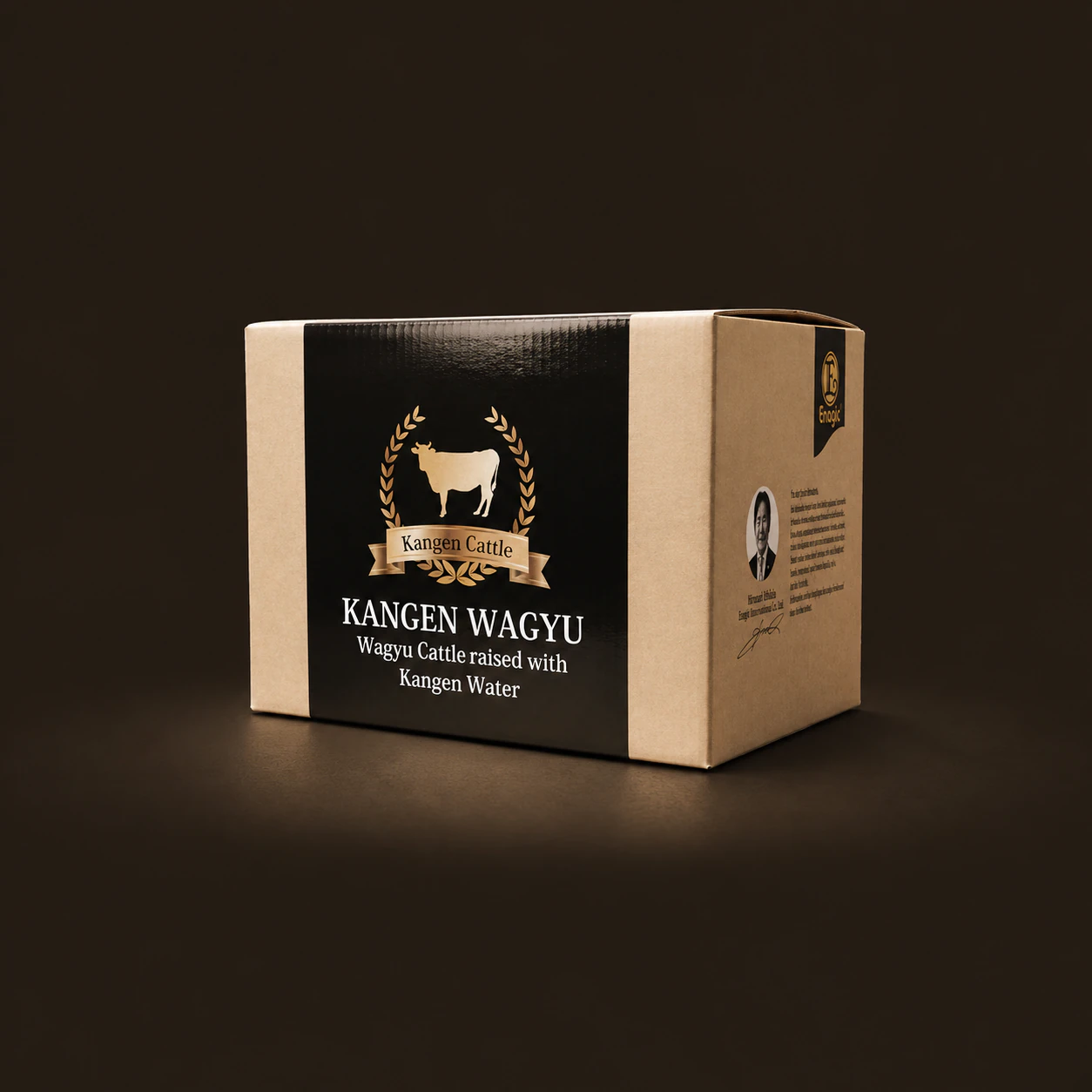 The Kangen Wagyu Premium Set box, with the gold Kangen Cattle crest on black